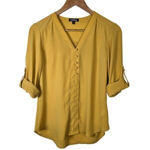 Express Women's Mustard Yellow V Neck Button Front Roll Tab Sleeve Blouse‎ XS